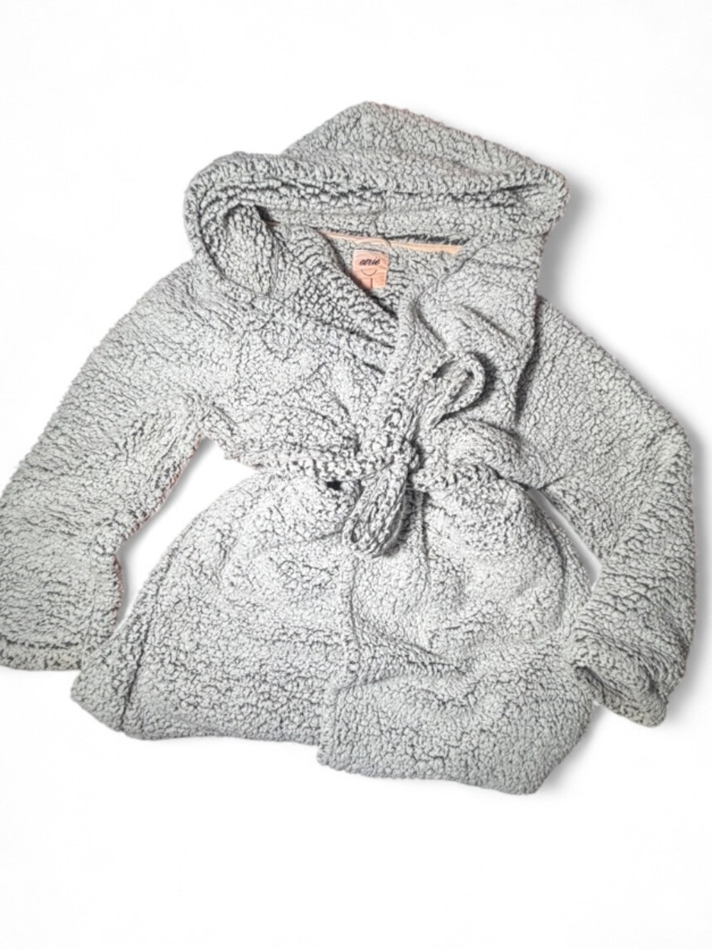 Aerie Sherpa Hooded Robe Gray Plush Fleece Tie Waist Cozy Lounge Size M - Picture 3 of 5